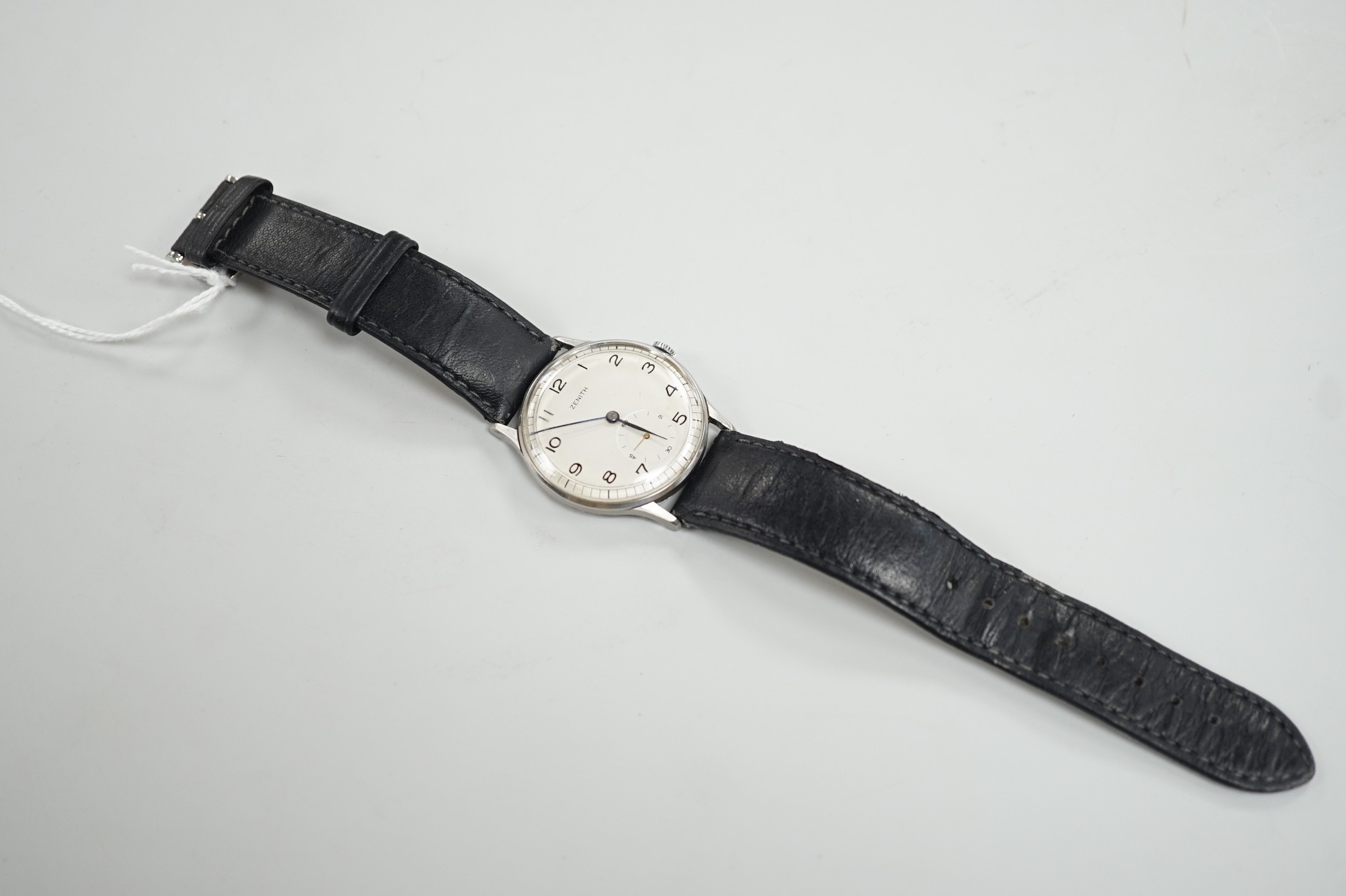 A gentleman's stainless steel Zenith manual wind wrist watch, the movement signed Mappin, on later associated leather strap, case diameter 36mm.